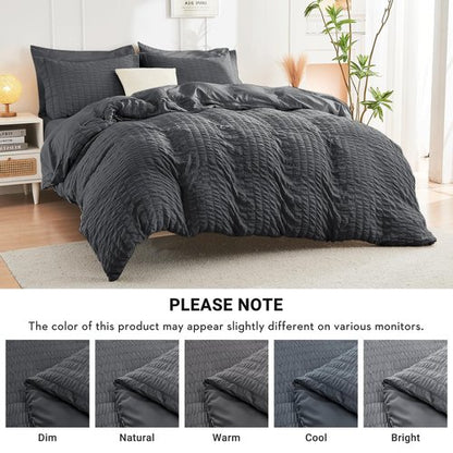 HYMOKEGE Queen Comforter Set Seersucker 7 Pieces, All Season Luxury Bed in a Bag for Bedroom, Bedding Set with Comforters, Sheets, Pillowcases & Shams, Dark Grey
