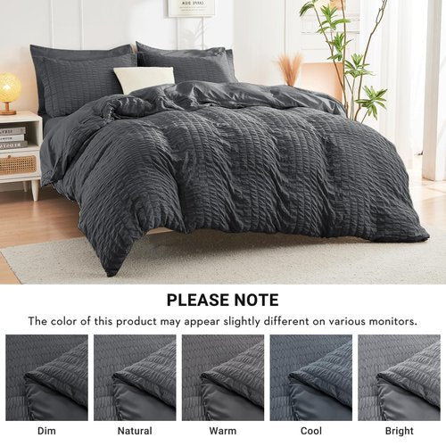 HYMOKEGE Oversized Queen Comforter Set Seersucker 7 Pieces, All Season Luxury Bed in a Bag for Bedroom, Bedding Set with Comforter, Sheets, Pillowcases & Shams, Dark Grey