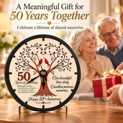 50th Anniversary Wooden Clock Keepsake - Tree of Life, Cardinal Design, 7-Inch Desk Clock