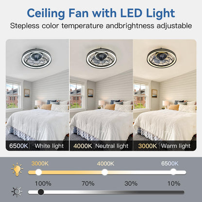 Liibodi Enclosed Ceiling Fans with Lights, Flush Mount Modern Ceiling Fan and Remote Control,18.89 In Fandelier Ceiling Fan with Light,3000K-6500K Dimmable LED Fan Light,Black Ceiling Fans with Lights