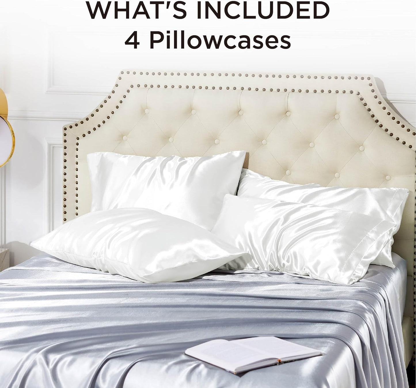 Bedsure Satin Pillowcase Set of 4 - Pure White Silky Pillowcases for Hair & Skin | 20x30 Inches