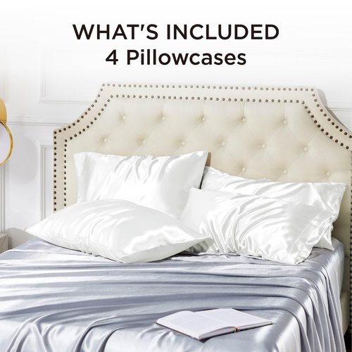 Bedsure Satin Pillowcase Standard Set of 4 - Pure White Silky Pillow Cases for Hair and Skin 20x26 Inches, Pillow Covers with Envelope Closure, Gifts for Women Men
