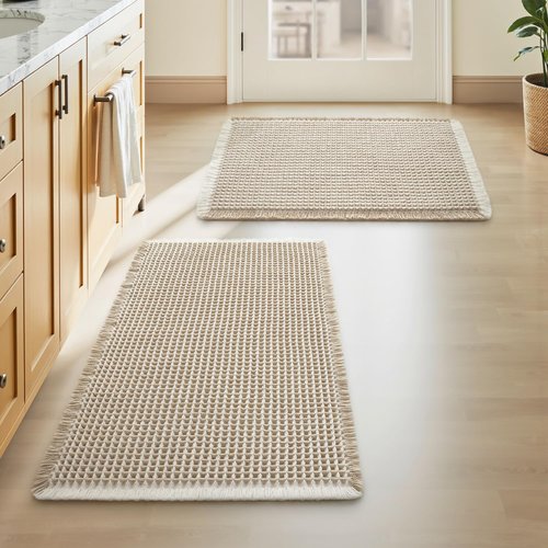 Upgraded Waffle Bath Mats Set of 2, Super Absorbent Non Slip Bath Mats for Bathroom Floor, Washable Boho Bathroom Rugs Set 2 Piece with Tassels, Soft Bathroom Mat Set, 17" x 24" (2 Pack), Brown Cream