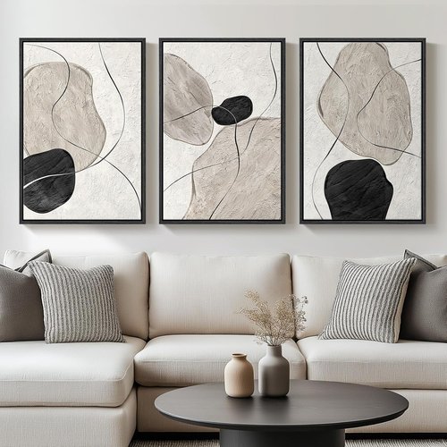 Framed Black and White Abstract Wall Art - Large 3 Piece Minimalist Canvas Set for Living Room | 24x36 In