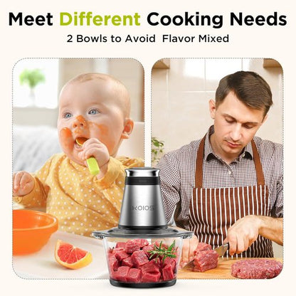 KOIOS Food Processor - 500W Electric Chopper with 2 Bowls & Bi-Level Blades | Ideal for Nuts, Meat, Garlic, Baby Food - Black