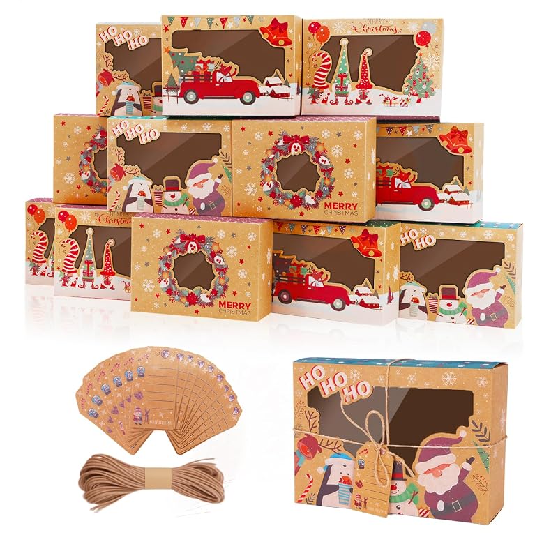12-Pack Christmas Cookie Boxes with Window, Kraft Treat Tins with Ribbons & Tags
