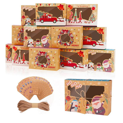 12-Pack Christmas Cookie Boxes with Window, Kraft Treat Tins with Ribbons & Tags