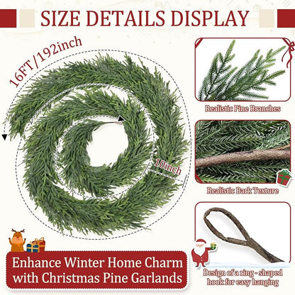 16ft Real Touch Pine Garland - Multicolor Christmas Greenery, Tulvend