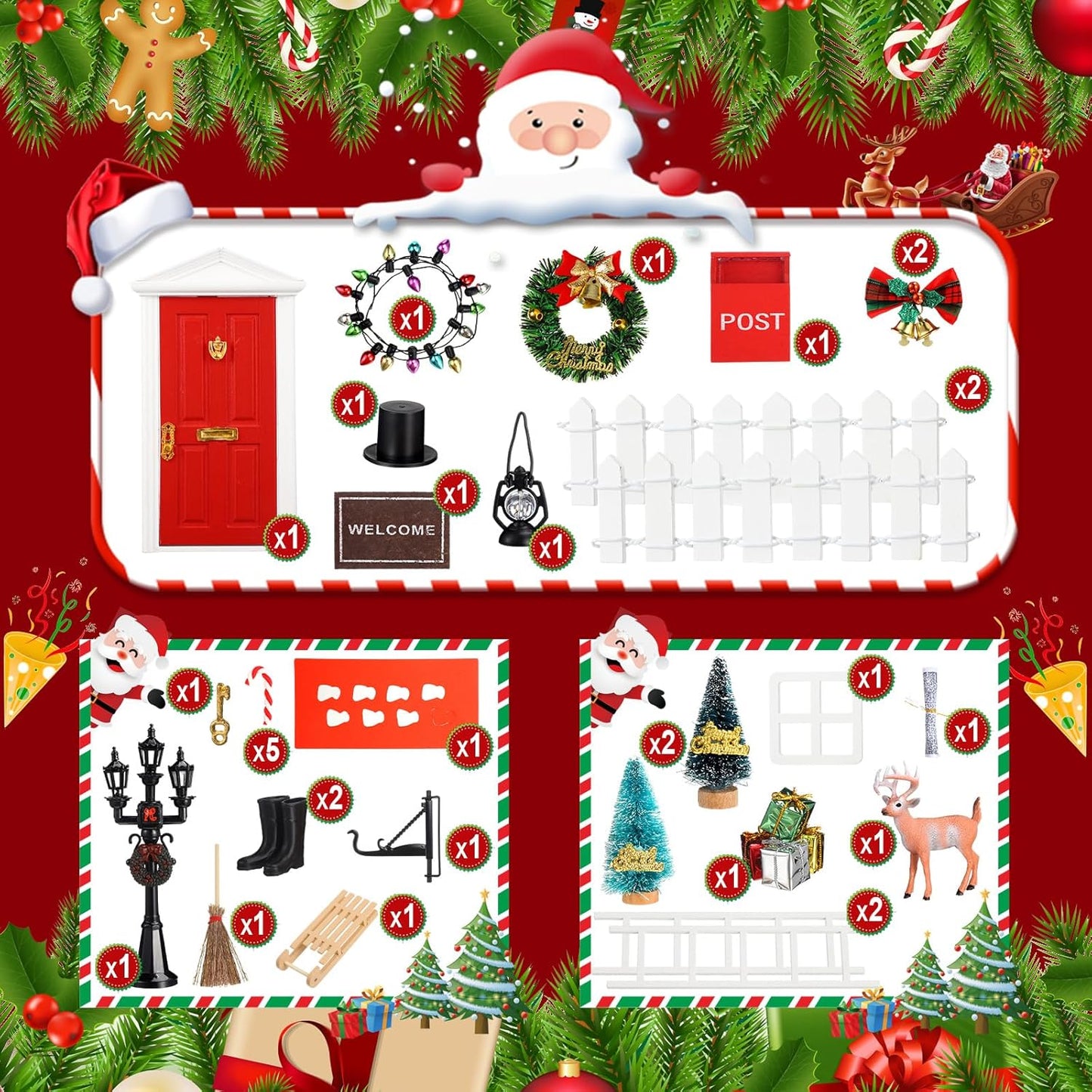 Shappy Christmas Elf Fairy Doors - 39 Pcs Enchanted Wooden Miniature Decor for Girls | Red Outdoor Xmas Accessories