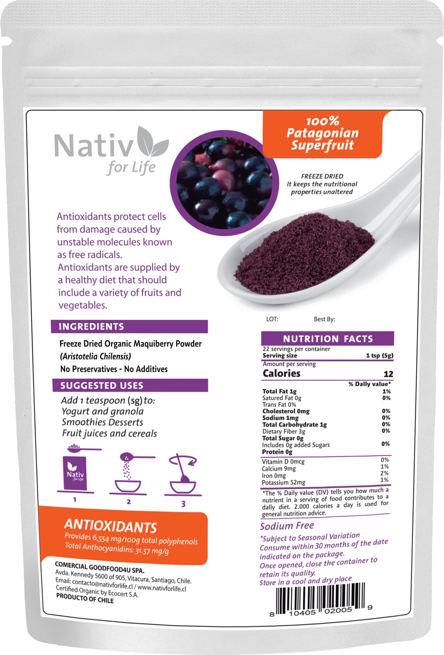 Nativforlife - Maqui Berry Powder, 4 Oz | 100% Maqui Powder, Superfood, Great Antioxidant, Made in Chile