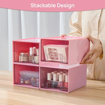 Vtopmart 4Pack Small Stackable Storage Drawers, Bathroom Makeup Organizer,Plastic Storage Bins For Vanity, Undersink, Kitchen Cabinet, Pantry, Home Organization(Pink)