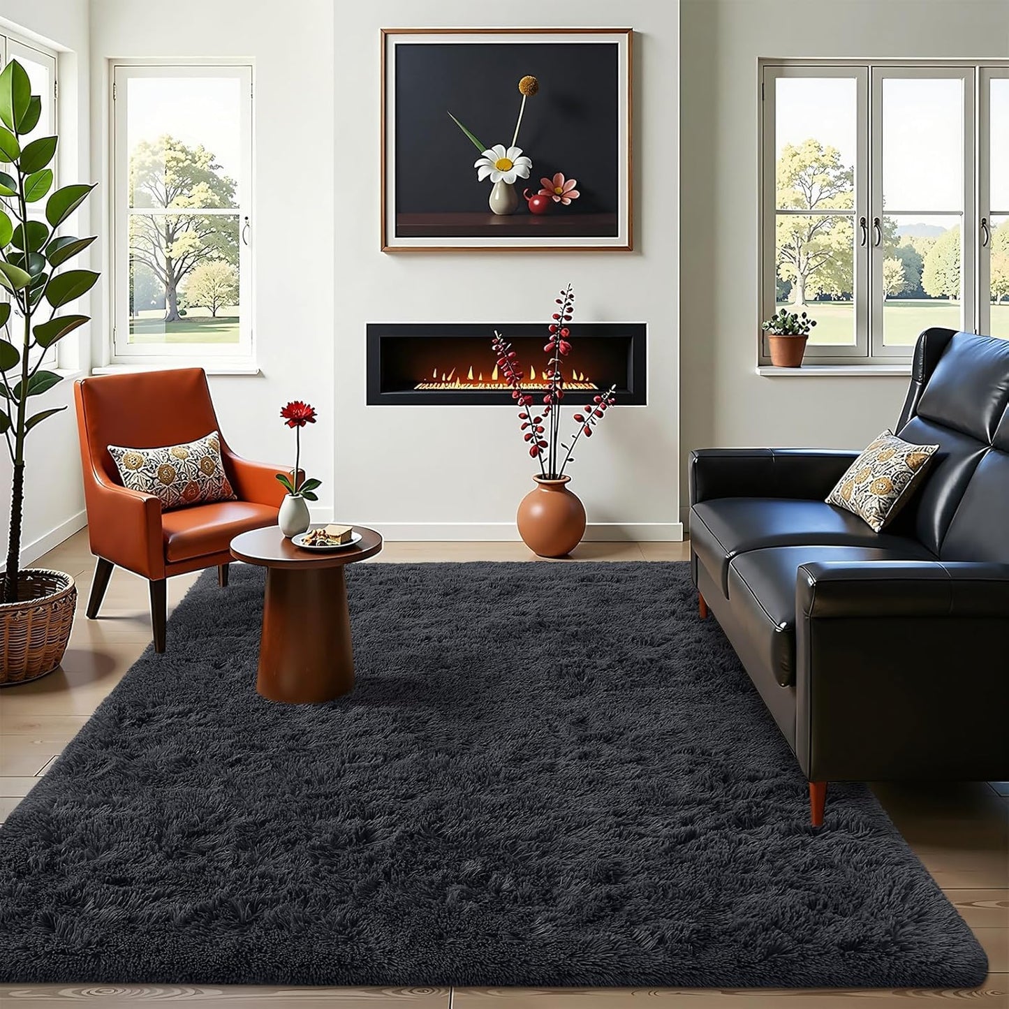 OLANLY Area Rugs - Soft Fluffy Shaggy Indoor Carpet for Living Room & Bedroom | 4x8 Black Design
