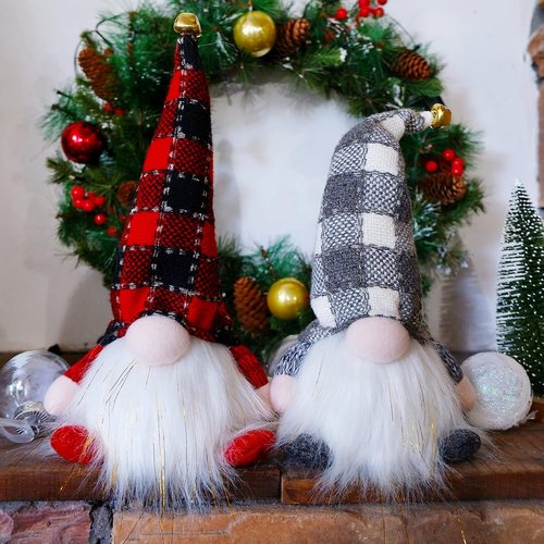 Juegoal Lighted Christmas Gnomes - 12 Inch Handmade Plush Tomte with Buffalo Plaid Hat | Battery Operated Holiday Decor