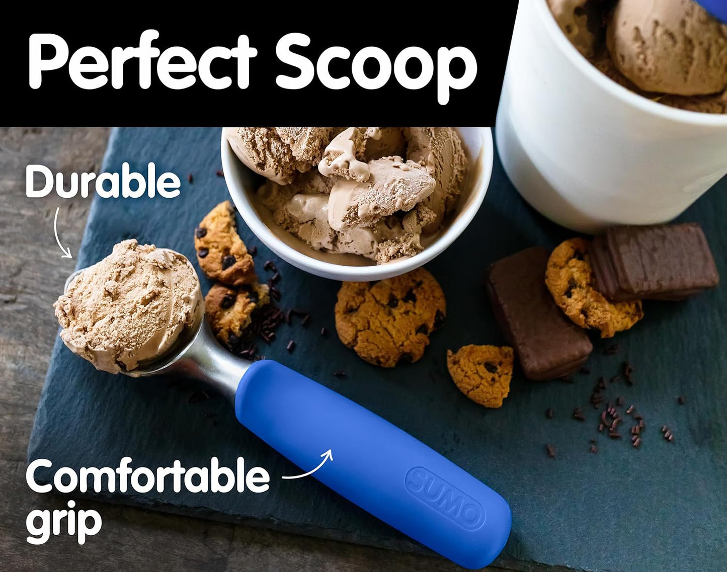 SUMO Stainless Steel Ice Cream Scoop - Ergonomic Handle for Effortless Scooping | Dishwasher-Safe, Comfortable Grip - Blue