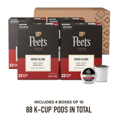 Peet's Coffee, Dark Roast Keurig K-Cup Pods, 100% Arabica Coffee - House Blend 88 Count (4 Boxes of 22 Pods)