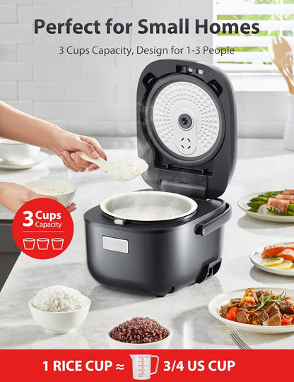 TOSHIBA 3-Cup Rice Cooker - LCD Display with 8 Cooking Functions & Non-Stick Pot | Grey