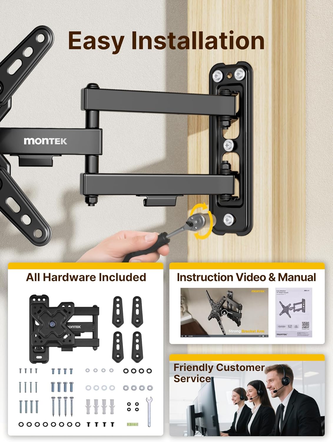 monTEK Full Motion TV Wall Mount Bracket - Swivel & Tilt for 13-43 Inch LED LCD TVs | Max VESA 200x200mm, 44lbs Capacity