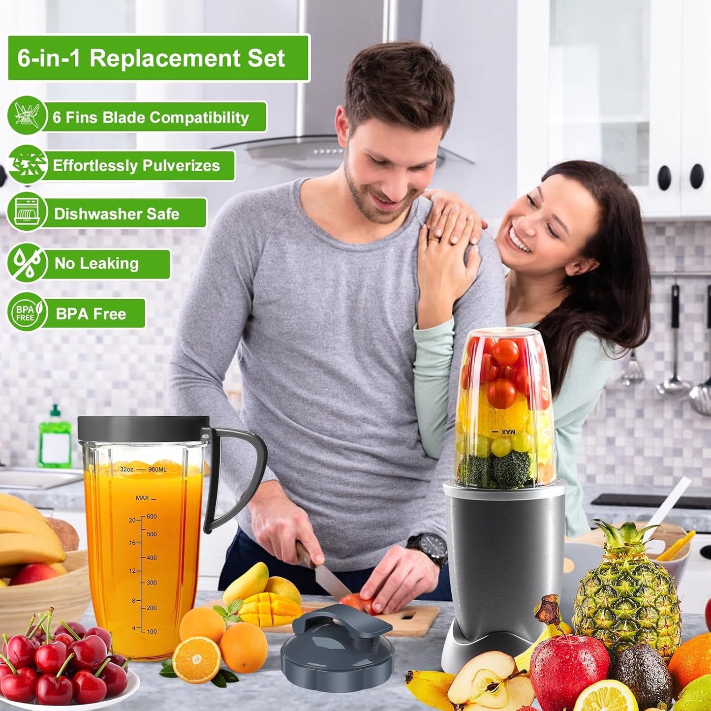 Nutribullet Replacement Blender Cups Set - 32oz & 24oz with To-Go Lid & Lip Ring | 6-Piece Accessory Kit