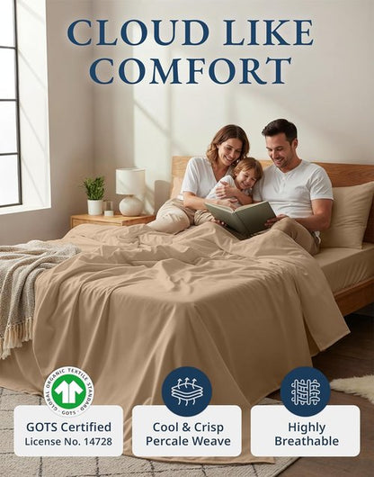 LANE LINEN 100% Organic Cotton Sheets Set - Ultra Soft Percale Weave, GOTS Certified, Fits Up to 15" Deep Pocket (Full, Taupe)