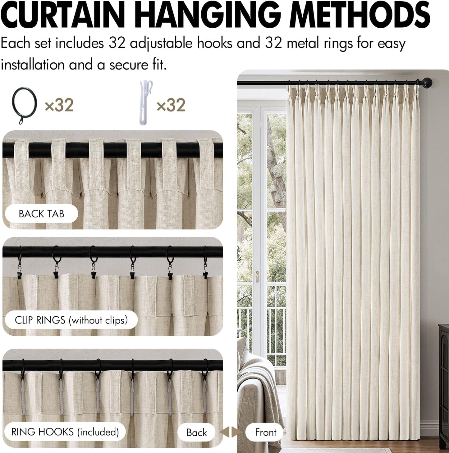 MIULEE Pinch Pleated Linen Curtains - 90-Inch Ivory Cream Semi-Sheer Drapes | 4 Panels for Privacy