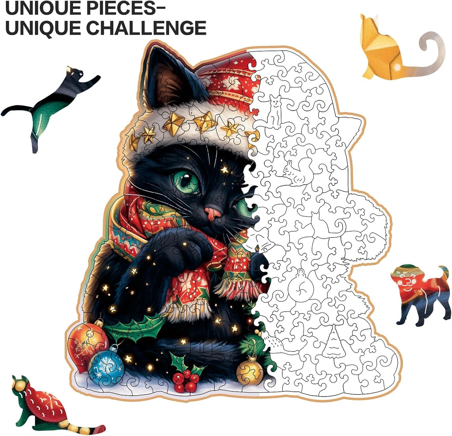 Skiennix Wooden Jigsaw Puzzle - 200 Piece Christmas Cat Design | Unique 11 x 11 Inch Challenge for Adults
