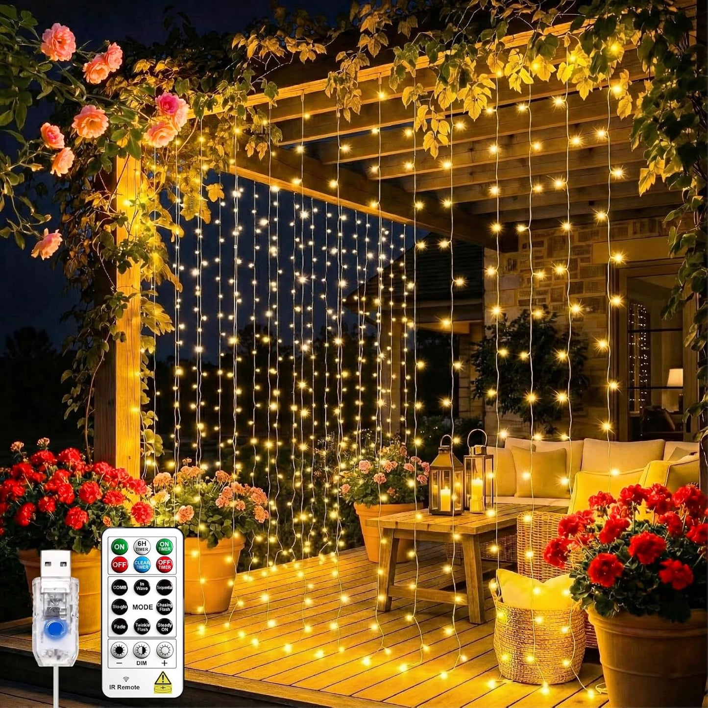 Skiennix Curtain Light - 200 LED Warm White Fairy String Lights | 6.6x6.6ft, 8 Modes for Home Decor