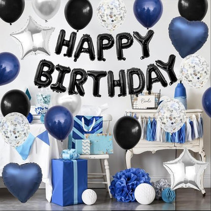 Happy Birthday Decorations | Navy Blue & Black Balloons with Silver Confetti - Perfect for Men & Women