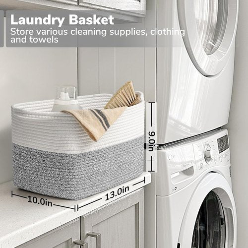 Goodpick Woven Storage Basket - Cotton Rope Organizer with Handles | Small Laundry Bin, 13''x10''x9'', Gray & White