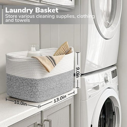 Goodpick Woven Storage Basket - Cotton Rope Organizer with Handles | Small Laundry Bin, 13''x10''x9'', Gray & White
