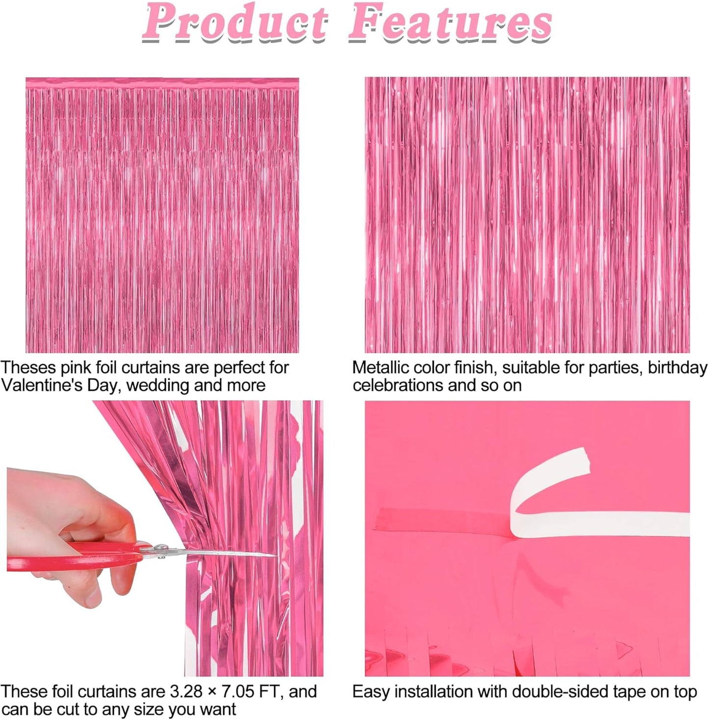 ZATAYE Pink Foil Fringe Curtains - 12 Pack Metallic Tinsel Backdrop for Parties | 3.28 FT x 7.05 FT