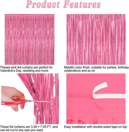4 Pack Metallic Pink Birthday Backdrop - 3.28 FT x 7.05 FT Fringe Curtains for Parties | Bachelorette & Valentine's Decor