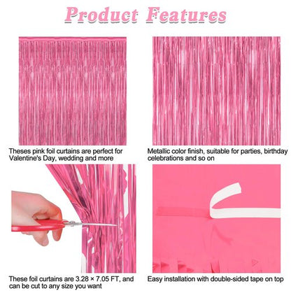 2 Pack Pink Party Decorations, 3.28 FT x 7.05 FT Pink Backdrop, Metallic Tinsel Backdrop Fringe Curtains Backdrop Curtains, Photo Backdrop Party Supplies Birthday Party Decorations