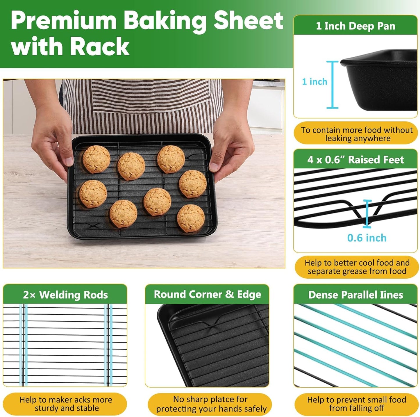 P&P CHEF Nonstick Baking Sheet Pan with Cooling Rack - Easy Clean, Black, 10.4 x 8 Inch