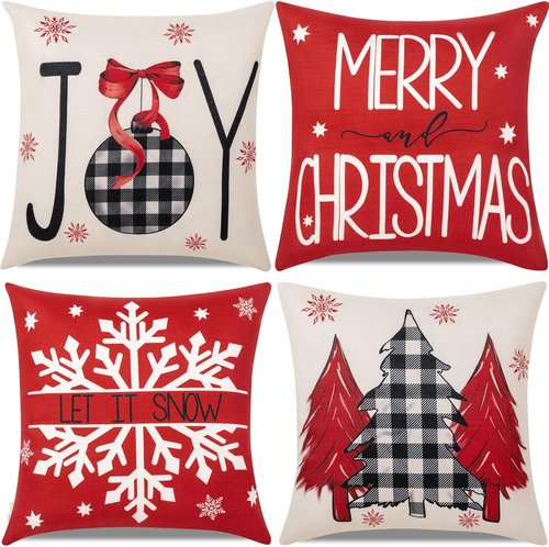 Hongsome Red Christmas Throw Pillow Covers - Set of 4 Joyful Snowflake Design | 18x18 Inches for Holiday Decor