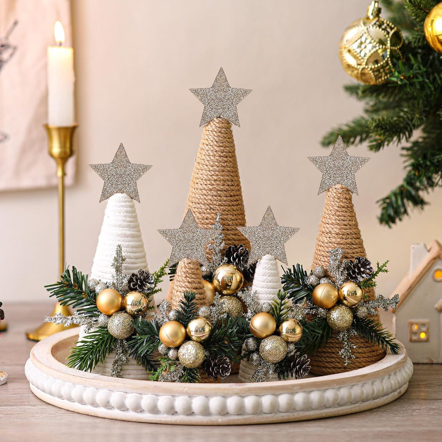 Thyle Christmas Yarn Trees - 5 Pcs Artificial Cone Tree Set with Stars | Festive Tabletop Decor for Holidays