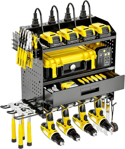 Power Tool Organizer - Heavy Duty Wall Mount Storage Rack | 130 lbs Capacity, 4 Layers, 6 Drill Holders