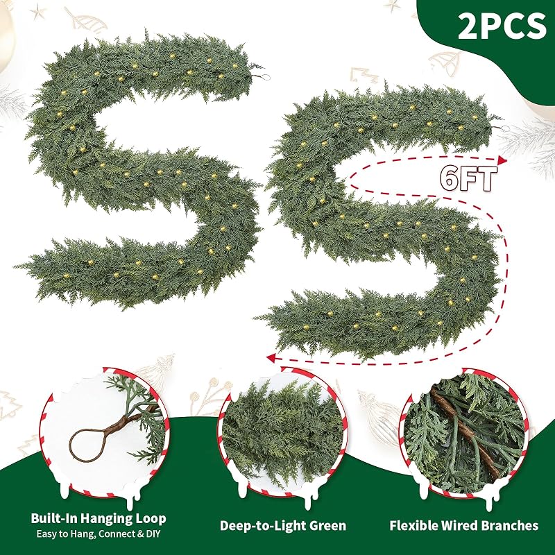 6FT 2PCS Extra Full Lighted Cedar Garland with LED Lights - 168 Branches, Realistic Two-Tone PE Foliage