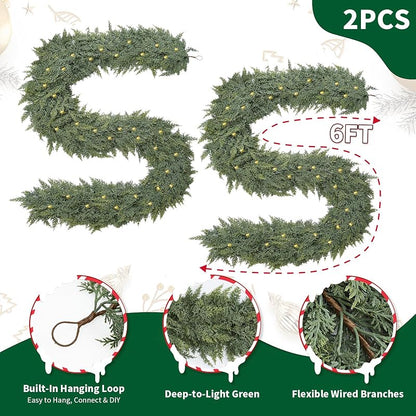 6FT 2PCS Extra Full Lighted Cedar Garland with LED Lights - 168 Branches, Realistic Two-Tone PE Foliage