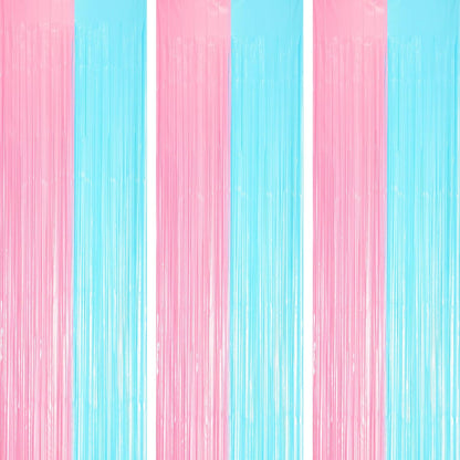 Voircoloria Foil Fringe Backdrop Curtains - 3 Pack of Pastel Blue & Pink Tinsel Streamers | Perfect for Gender Reveal, Baby Showers, and Birthday Parties