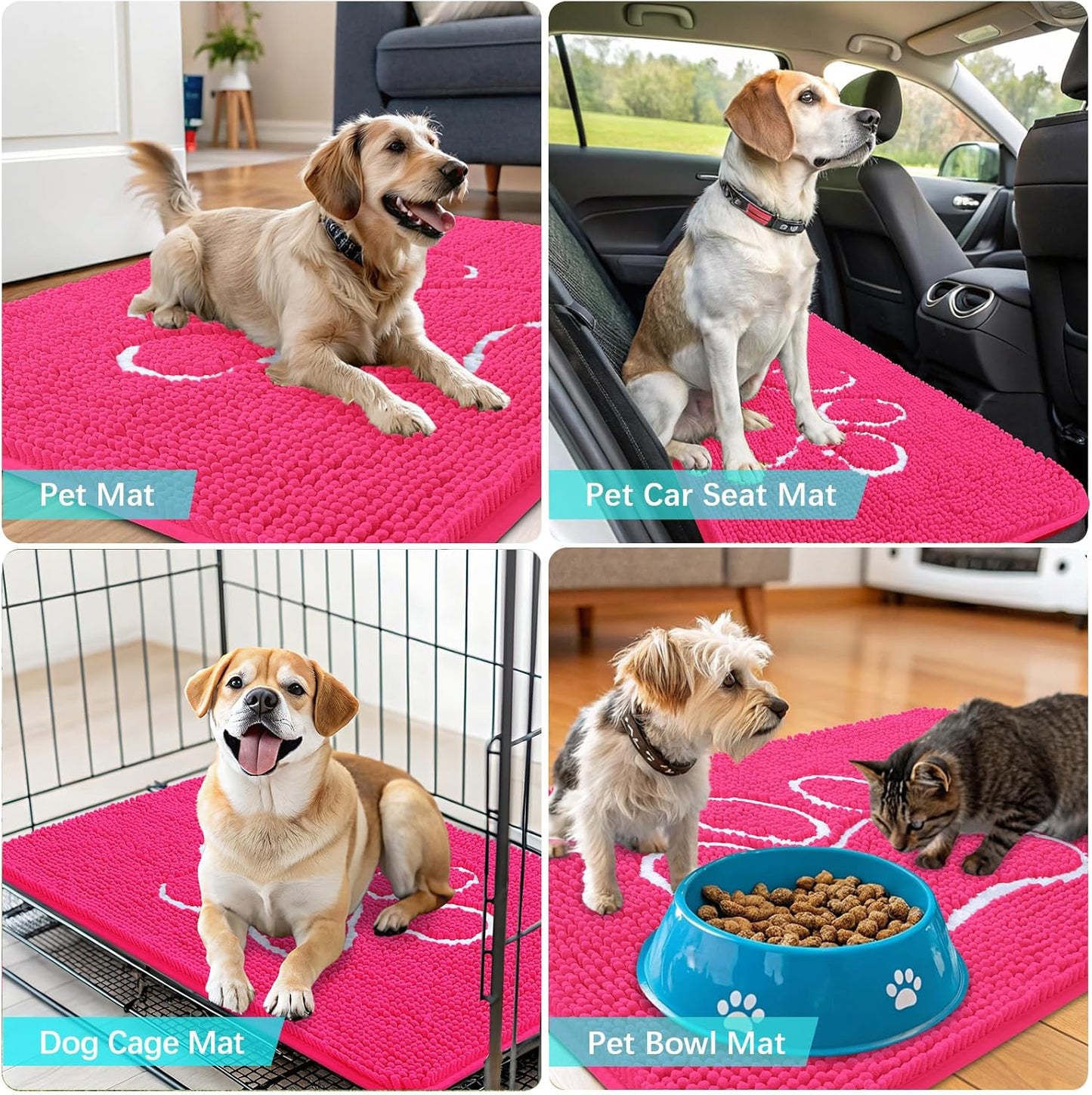 OLANLY Dog Door Mat - Absorbent Non-Slip Mud Mat for Muddy Paws | 36x24 Hot Pink Chenille Design