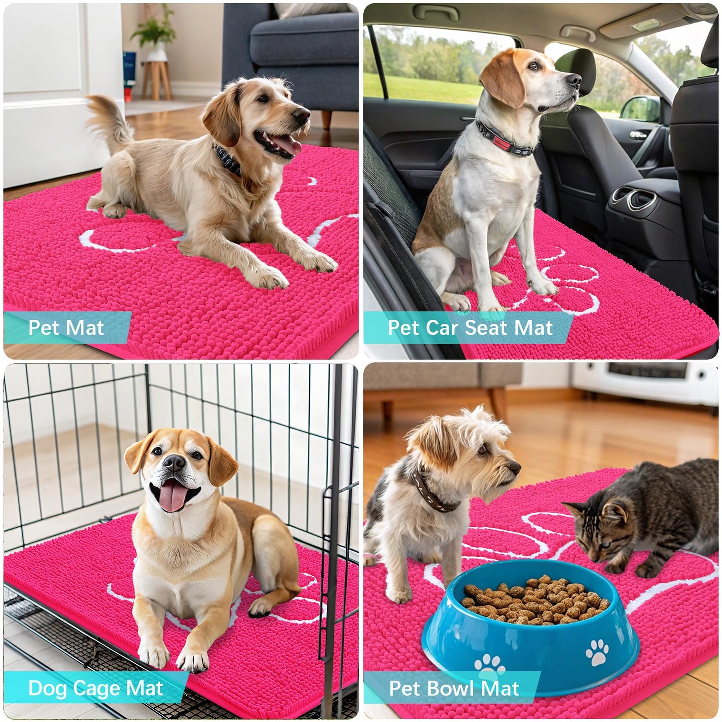 OLANLY Dog Door Mat for Muddy Paws 36x24, Paw Print Design, Absorbs Moisture and Dirt, Absorbent Non-Slip Washable Doormat, Quick Dry Chenille Mud Mat for Dogs, Entry Indoor Entryway Carpet, Hot Pink