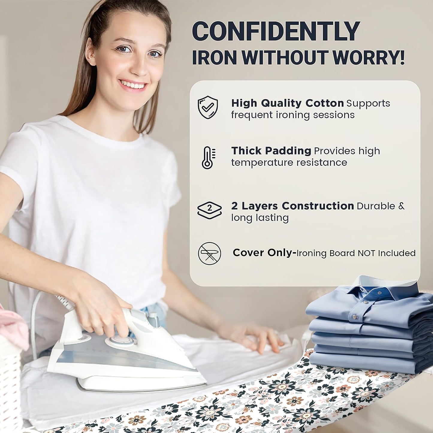 UniSimp Ironing Board Cover - Extra Thick Natural Cotton, Scorch & Stain Resistant | 18"x49" Floral Design