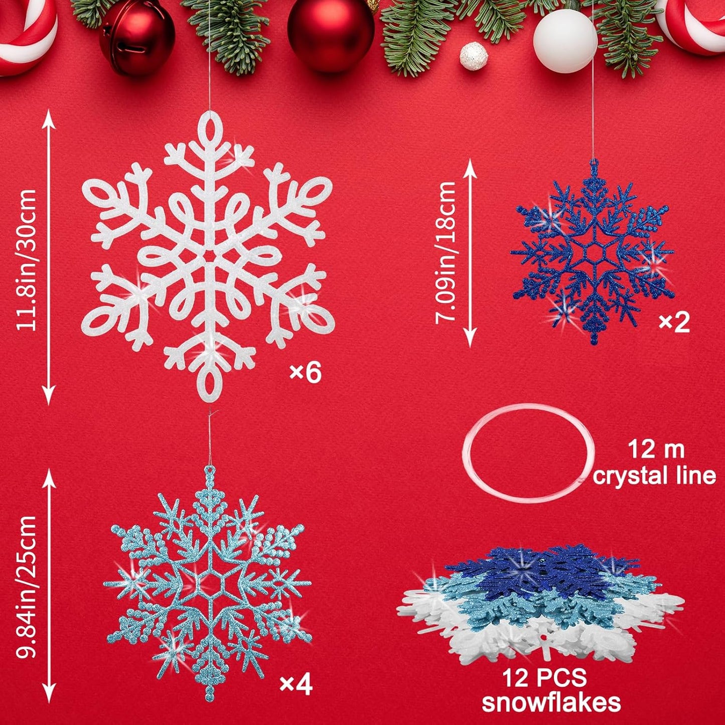 Skiennix 12 PCS Large Snowflake Ornaments - Glittering Winter Decor for Indoor/Outdoor Trees (White/Blue)