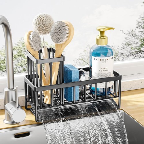 Kitsure Sponge Holder | Rustproof Stainless Steel Sink Caddy for Organized Kitchen - 7.9" x 3.7" x 6.2", Black