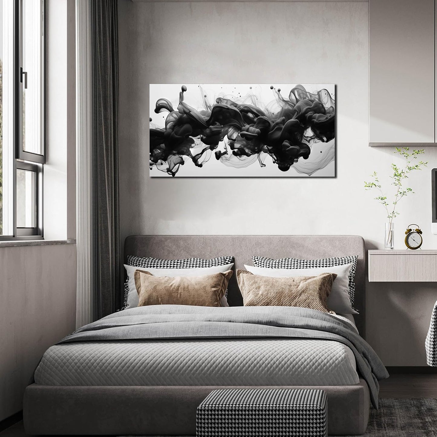 Abstract Black Wall Art - Contemporary Minimalist Canvas Print for Living Room | 40x20 Inches