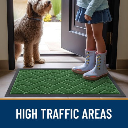 OLANLY Front Door Mat Indoor Outdoor Entrance, Waterproof All-Season, All-Weather Doormat, Sturdy Natural Rubber, Low Profile, Easy Clean Patio Porch Entryway Mat, Herringbone Brick (Green, 47x23)