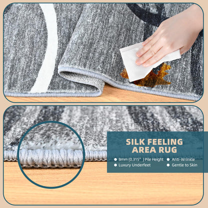 YUFANUHO Modern Grey Area Rugs for Living Room, 6x9 Feet Large Faux Wool Carpet with Abstract Circles Line Design for Bedroom, Machine Washable Non-Slip Wool Rugs 6'x9', Grey/Black/White