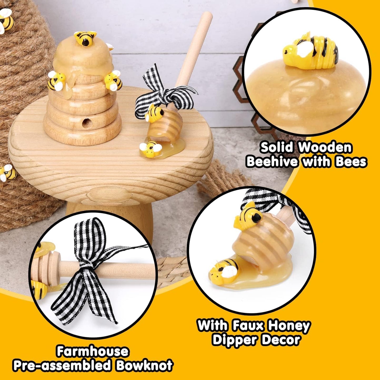 Bee Tiered Tray Decor with Wooden Fake Honey Hive Dippers Bumble Bee Gifts for Women Decorations for Spring Farmhouse Home Kitchen Shelf Rustic Housewarming Display Party Supplies Set of 4