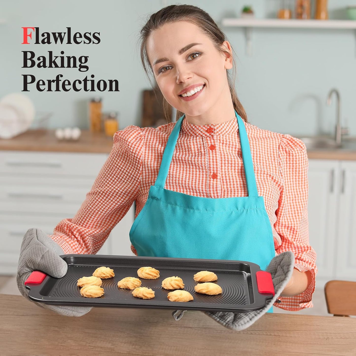 Skiennix Nonstick Baking Sheet - 16x11in Cookie Pan with Circle Grooves & Red Grips | PFAS/PTFE Free, Gray