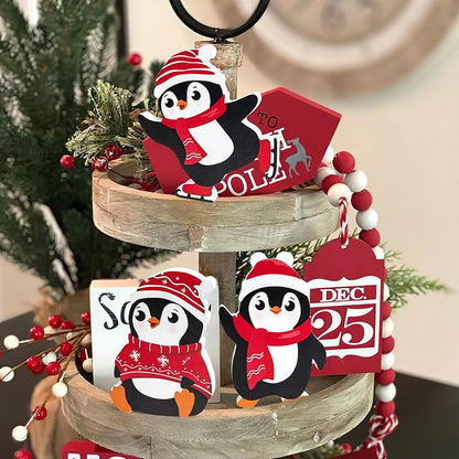 Red Penguin Christmas Decorations Set of 3 — Wooden Tiered Tray Blocks for Desk, Shelf, Home or Office
